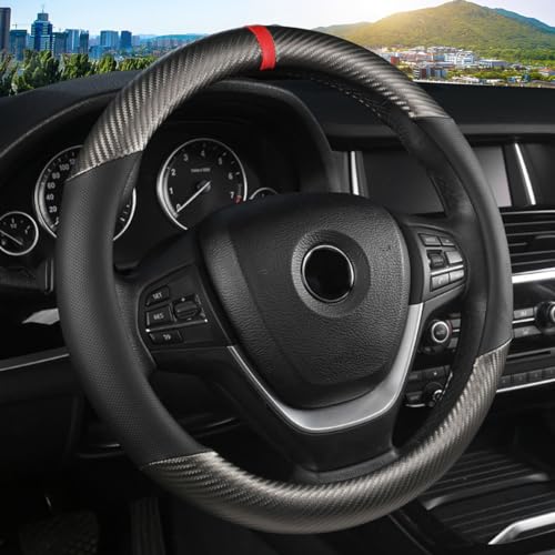 KAFEEK Classic Carbon Fiber Steering Wheel Cover, Universal 15 inch, Breathable Microfiber Leather, Gray - color: Gray, size: Standard Size[14.5"-15"]