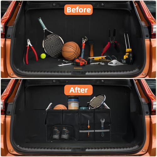 Car Trunk Organizer,Multiple Compartments Collapsible trunk organizer with Aluminum Alloy Handle and Lid, Car Organizer and Storage for SUV, Truck