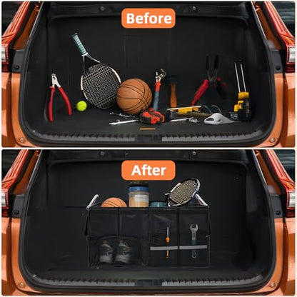 Car Trunk Organizer,Multiple Compartments Collapsible trunk organizer with Aluminum Alloy Handle and Lid, Car Organizer and Storage for SUV, Truck
