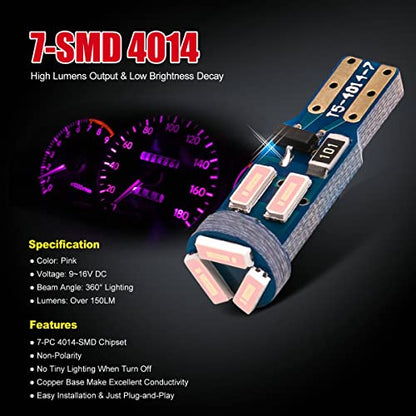 High Bright Pink T5 37 74 PC74 PC37 LED Bulb with Twist Lock Socket for Dashboard Instrument Panel Gauge Cluster Light and Map Vanity Mirror Glove Box Indicator Light - color: Pink