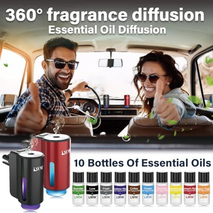 Car Air Freshener Diffuser, Portable Intelligent Car Aroma Diffuser with 3 Adjustable Modes, Rechargeable Car Aromatherapy Machine,Travel Essentials Gifts for Women Men, Long-Lasting (10Scents) - color: Black and Red
