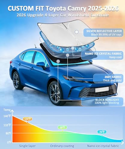 Windshield Sun Shade for Toyota Camry 2025 2026 LE XLE Hybrid SE XSE - 4 Layers Car Sunshades for Front Windows Shade Cover Custom Fit Camry Sun Visor 250T Retractable Blocks Shade UV Rays Accessories - size: for Camry 2025-2026