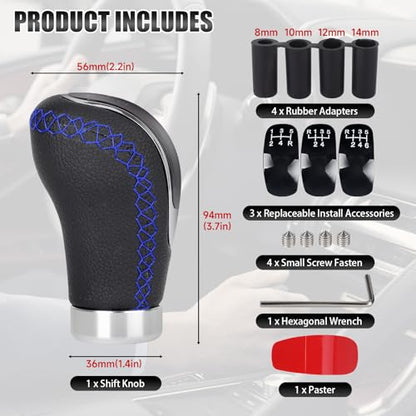 Universal 5/6 Speed Leather Car Racing Gear Shift Shifter knob,Artificial Leather and ABS Black Stitching Shift Knob with 4 Adapters,Replaceable 3 Gear Position Pastors(Black+Blue Line) - color: 5/6 Speed Leather(Black+Blue Line)