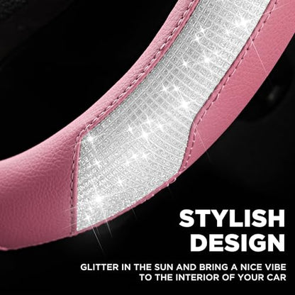 PIC AUTO Steering Wheel Cover, Sparkly Crystal Bling Glitter with Pink Leather, Universal Fit 14.5"-15.5" Car Steering Wheels for Girls & Women, Breathable Anti-Slip Steering Wheels Cover - color: Pink