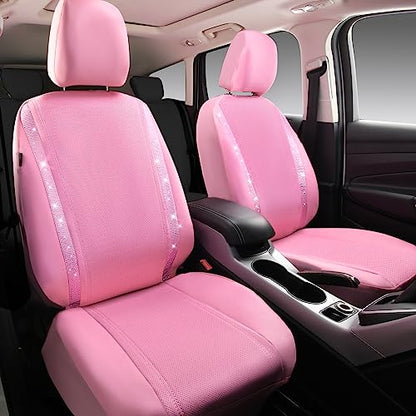 CAR PASS Bling Diamond Car Seat Covers Full Set, Shining Rhinestone Waterproof Faux Leather, Rear with Zipper, Universal Fit Automotive Glitter Crystal Sparkle Strips for Cute Women Girl, Pink - color: Pink Leather, size: Full Set