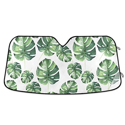 Windshield Sun Shade Watercolor Palm Leaves Foldable Car Window Shade Blocks UV Rays Sun Visor Protector Sunshade - color: Leaves