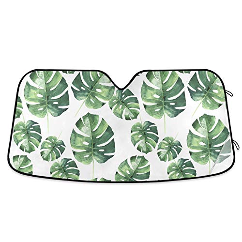 Windshield Sun Shade Watercolor Palm Leaves Foldable Car Window Shade Blocks UV Rays Sun Visor Protector Sunshade - color: Leaves