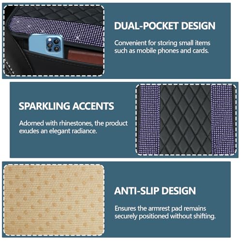 Bling Leather Car Center Console Cover, 12.2"×7.48" Crystal Rhinestone Automotive Arm Rest Cover with Side Pockets, Universal Vehicle Armrest Protector, Interior Car Accessories (Purple) - color: Purple