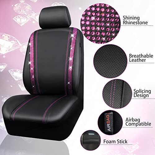 CAR PASS Bling Diamond Car Seat Covers Full Set, Shining Rhinestone Waterproof Faux Leather, Rear with Zipper, Universal Fit Automotive Glitter Crystal Sparkle Strips for Women Girl, Black Pink - color: Pink Diamond, size: Full Set