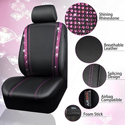 CAR PASS Bling Diamond Car Seat Covers Full Set, Shining Rhinestone Waterproof Faux Leather, Rear with Zipper, Universal Fit Automotive Glitter Crystal Sparkle Strips for Women Girl, Black Pink - color: Pink Diamond, size: Full Set