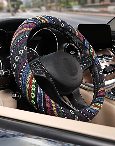 SEG Direct Boho Steering Wheel Cover with Baja Blanket Cloth, Ethnic Style Auto Wheel Cover Made of Coarse Flax, Fits 14 1/2-15 1/4 inches Car Wheel - color: Psychedelic Trip