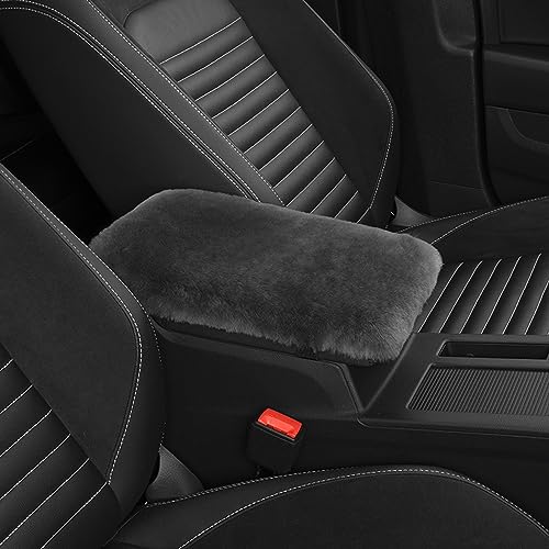 Genuine Sheepskin Center Console Cover Pad Genuine Furry Fluffy Wool Fur Car Armrest Cover Protector Universal Fit for SUV/Truck/Car - color: Shearling-Dark Gray