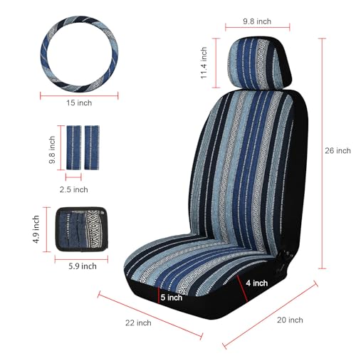 Baja Saddle Blanket Car Seat Covers, Boho Striped Woven Front Seat Protectors, Breathable & Washable Interior Covers, Universal Fit for Most Cars SUVs Trucks, Airbag Compatible, Blue, 8 pcs. - color: BLUE