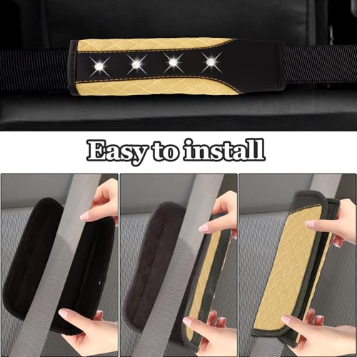 Hovom 2PCS Bling Car Seat Belt Cover Pad, Leather Seatbelt Covers for Cars, Soft Safety Seatbelt Shoulder Strap Covers, Rhinestone Auto Seat Belt Protector Cushion for Women Girls (Beige) - color: Beige