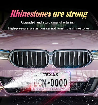 Bling License Plate Frame 2 Pack Rhinestone Bedazzled License Plate Over | Holder Sparkly Diamond Stainless Steel Frame（CPJ-03-Pink 2） - color: CPJ-03-Pink 2