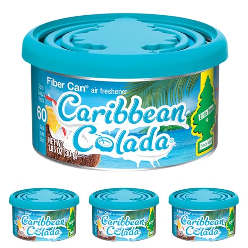 LITTLE TREES Car Air Freshener | Fiber Can Provides Long Lasting Scent for Auto or Home | Recycled Fiber | Caribbean Colada, 4 Air Fresheners - color: Caribbean Colada