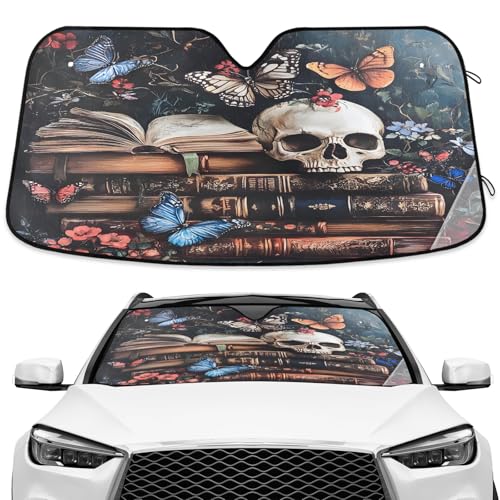 Skeleton Skulls Books Windshield Sunshade Car Sun Shade Front Window Shade for Truck SUV Blocks UV Rays Sun Reflector Visor Protector Accordion Folding - color: Multi107