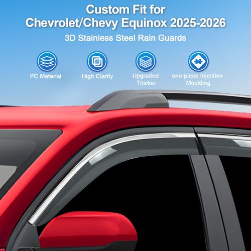 Sze Rain Guards Compatible with 2025 2026 Chevrolet/Chevy Equinox (Not for EV) Side Window Deflectors Anti-Rain Window Visors with Tape 304 Stainless Steel Trim–All-Weather Protection Outside Channel - style: Chevy Equinox (Not for EV) 2025 2026