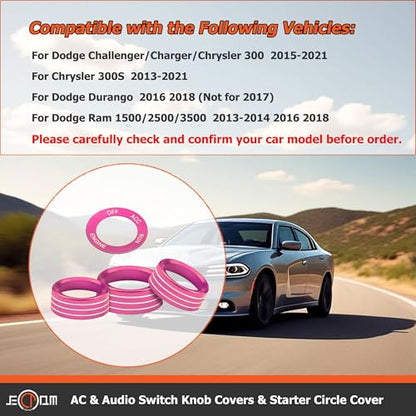 Air Conditioner Switch Button Knob Cover, Car Interior Accessories Radio Volume Control Knob, Aluminum Alloy Trim Rings Compatible with Dodge Challenger Durango 2015-2022 (Pink) - color: Pink