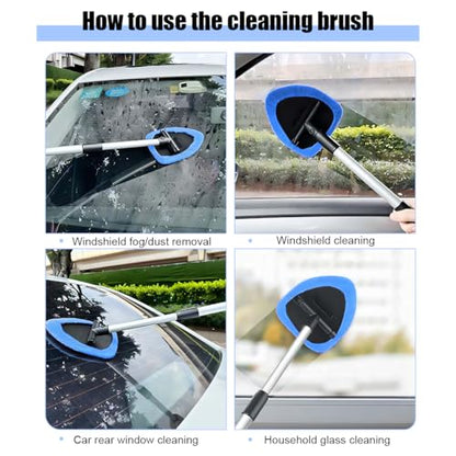 Car Windshield Cleaner Tool, Vehicle Window Detailing Cleaning Kit with Extendable Handle & 4 Washable Microfiber Pad, Auto Glass Wiper Cleaner for Exterior & Interior, Universal Fit (Blue) - color: Blue