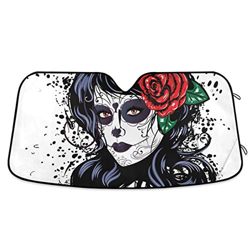 Sugar Skull Girl Rose Car Windshield Sun Shade Block UV Rays Sun Visor Protector Accordion Folding Sunshade Keep Vehicle Cool and Damage Free, Easy to Use, Fits Windshields of Various Sizes - color: Multicolor-sugar skull girl rose