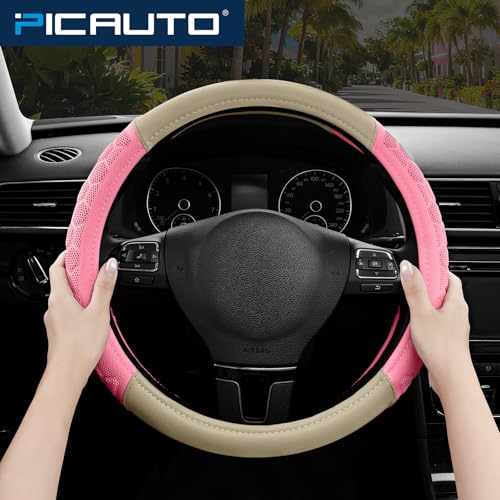 PIC AUTO Massage Steering Wheel Cover, Pink Football Pattern Material Spliced & Beige Leather Car Steering Wheel Cover, Car Steering Cover, Universal Fit 14.5"-15.5" for Cars, Trucks, Van, SUVs - color: Beige