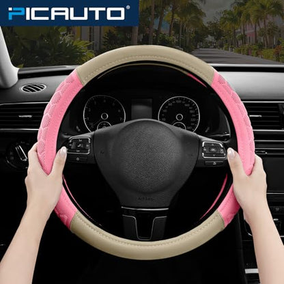 PIC AUTO Massage Steering Wheel Cover, Pink Football Pattern Material Spliced & Beige Leather Car Steering Wheel Cover, Car Steering Cover, Universal Fit 14.5"-15.5" for Cars, Trucks, Van, SUVs - color: Beige
