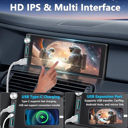 Single Din Car Stereo with Apple Carplay Android Auto,6.9 Inch IPS Touchscreen, 1 Din Car Audio Receivers wtih Bluetooth Handsfree/FM/AM/Dual USB/Type-C/EQ/SWC/GPS Navigation/Backup Camera/Microphone