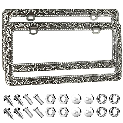 Valor Metal Car License Plate Frames,Antique Old Pattern Printing, Bling Crystal Rhinestones Inlaid,Universal 2 Holes Automotive Replacement Parts Plate Holder(2 Pack) - size: 2 Pack