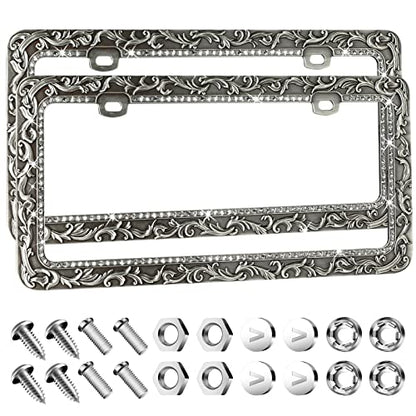 Valor Gel Metal Car License Plate Frames,Antique Old Pattern Printing, Bling Crystal Rhinestones Inlaid,Universal 2 Holes Automotive Replacement Parts Plate Holder(1 Pack) - size: 1 Pack