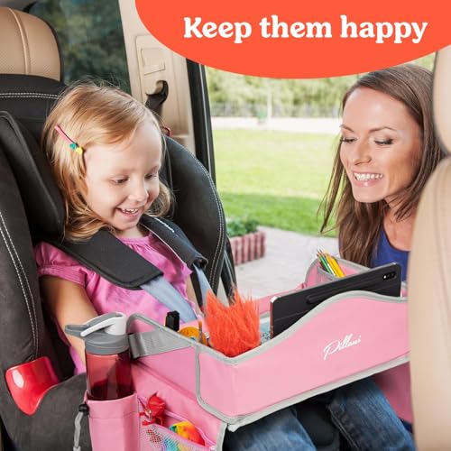 PILLANI Kids Travel Tray for Car Seat - Carseat Tray w/ iPad Holder & Dry Erase Board, Road Trip Activities - Toddler Lap Desk Organizer for Airplane - Roadtrip & Travel Essentials - Pack of 2, Pink - color: 2-pack Pink