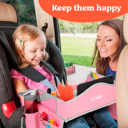 PILLANI Kids Travel Tray for Car Seat - Carseat Tray w/ iPad Holder & Dry Erase Board, Road Trip Activities - Toddler Lap Desk Organizer for Airplane - Roadtrip & Travel Essentials - Pack of 2, Pink - color: 2-pack Pink