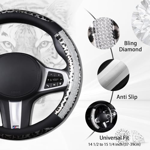 AUTOYOUTH Leopard Steering Wheel Cover - Bling Crystal Rhinestones Cheetah Print on Leather Non-Slip Breathable Design for Women/Girls Universal Fit 14.5-15 Inch(Black & Silver) - color: BLACK SILVER