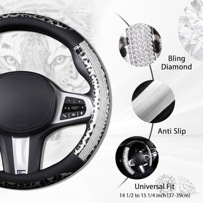 AUTOYOUTH Leopard Steering Wheel Cover - Bling Crystal Rhinestones Cheetah Print on Leather Non-Slip Breathable Design for Women/Girls Universal Fit 14.5-15 Inch(Black & Silver) - color: BLACK SILVER