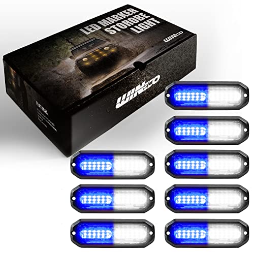 WINECO Blue/White 8pcs Ultra Slim LED Emergency Strobe Police Lights, Surface Mount Grill Grille Hazard Safty Warning Flashing Light for Volunteer Trucks Vehicles - color: Blue/White