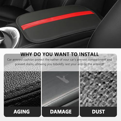 Leather Car Center Console Cover,Striped Patchwork Car Armrest Cover for Protecting Car Armrest Box & Car Decorations,Universal Car Accessories Interior Fits Cars,SUVs,Trucks (Black/Red)