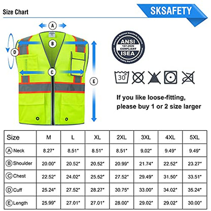 SKSAFETY 10 Pockets Safety Vest, Class 2 High Visibility Security with Zipper Double-sided mesh, Hi Vis Vest with Reflective Strips, ANSI/ISEA Standard, Construction Work Vest （Lime, 4XL） - color: Yellow Mesh, size: 4X-Large