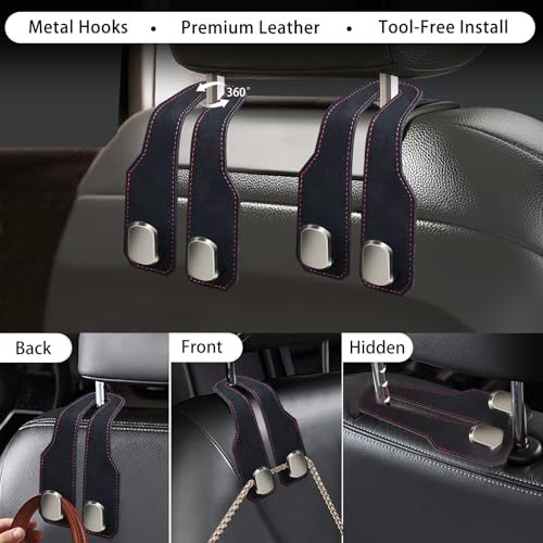 2Pcs Car Headrest Hooks with Premium Leather, Upgraded Double Metal Hooks with Anti-Drop Design, Universal Back Seat Hanger for Bags, Coats, Purses and Groceries (Stylish Black) - color: Stylish Black 2Pcs