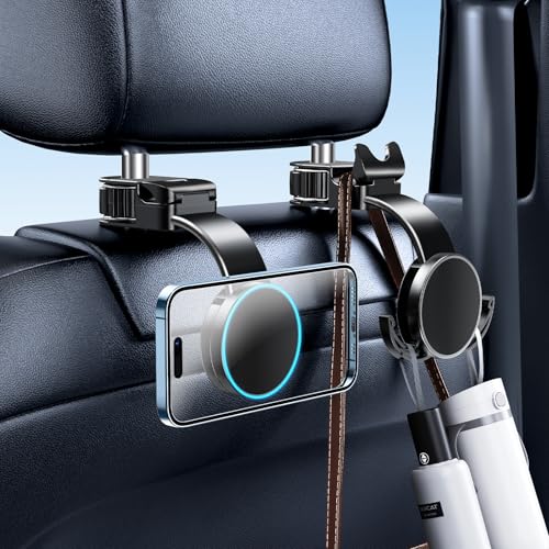 1 Pack Headrest Hook for Car Seat Back with Magnetic Phone Holder, Multifunctional Car Seat Hooks for Purses and Bags Handbag Grocery Bag, Purse Hanger Car Organizers and Storage Accessories - style: Magnetic