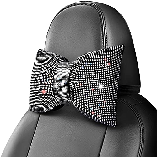 surpassme 2PCS Rhinestone Car Headrest Neck Pillow for Driving with Bling Bling Crystal Bow Pillow Car Accessories for Women (Silver/White) - color: 2 White Pillows
