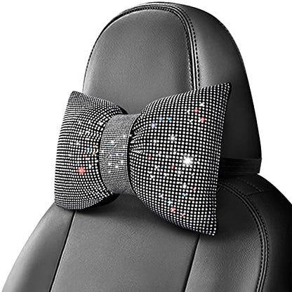 surpassme 2PCS Rhinestone Car Headrest Neck Pillow for Driving with Bling Bling Crystal Bow Pillow Car Accessories for Women (Silver/White) - color: 2 White Pillows