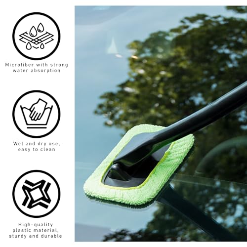 povtii Car Windshield Cleaning Tool, Microfiber Auto Window Cleaner Set with 4 Washable and Reusable Cloth Pad, Long Handle Glass Wiper Cleaning Kit with Spray Bottle, Car Accessories