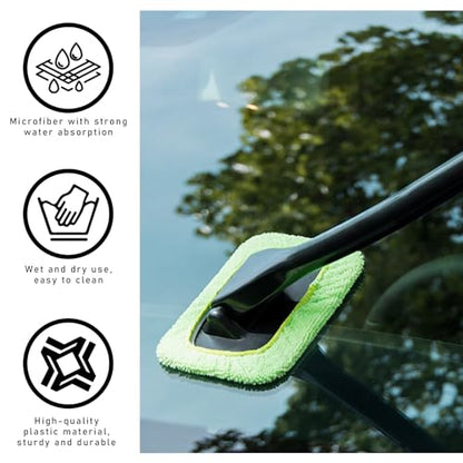 povtii Car Windshield Cleaning Tool, Microfiber Auto Window Cleaner Set with 4 Washable and Reusable Cloth Pad, Long Handle Glass Wiper Cleaning Kit with Spray Bottle, Car Accessories
