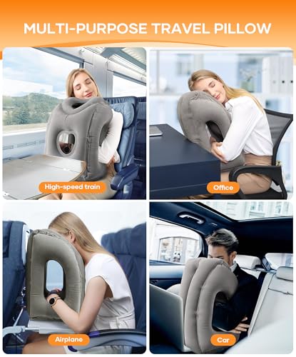 Sunany Travel Pillow, Upgraded Plane Pillow for Long Flights, Inflatable Neck Pillow Used for Airplanes,Cars,Buses,Trains,Office Napping with Eye Mask,Earplugs (Gray) - color: Grey (Head Heart-shape&sloping Base)