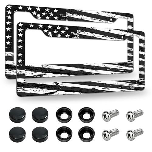 2 Pack License Plate Frames, American Flag License Plate Cover, Universal US Stainless Steel License Plate Holder with Screws for Women Men - color: Black & White