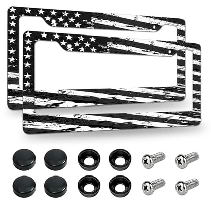 2 Pack License Plate Frames, American Flag License Plate Cover, Universal US Stainless Steel License Plate Holder with Screws for Women Men - color: Black & White