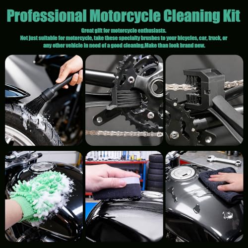 13PCS Motorcycle Cleaning Kit, Motorcycle Detailing Kit Overall Cleaner Tools Car Washing Brush Rims Cleaning Kit Chain Tire Wheel Brush Set Chain Tire for Car Bike Motorbike