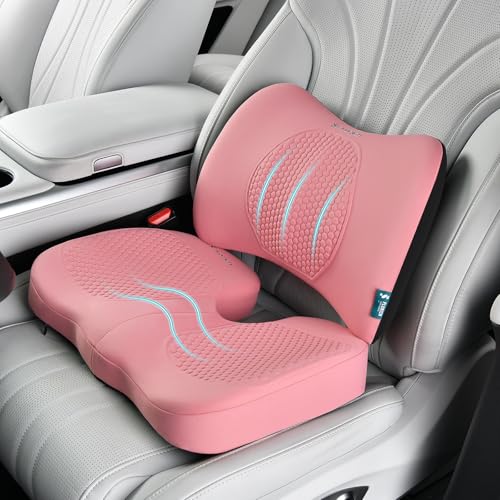 FLORICH Car Seat Cushion and Back Support for Office Chair Memory Foam Chair Cushions Pressure Relief Seat Pads with Gel Massage Point Lumbar Support (Light Pink) - color: Light Pink, size: Cushion+lumbar