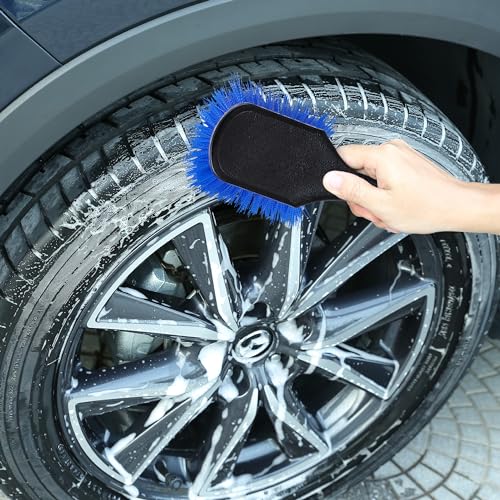 TAKAVU Wheel Tire Brush - Stiff Bristle with Short Handle, Included Detailing Brush - Car Cleaning Kit for Rims, Tires, Interior Vents, Emblems - Scratch Safe (Blue) - color: Blue