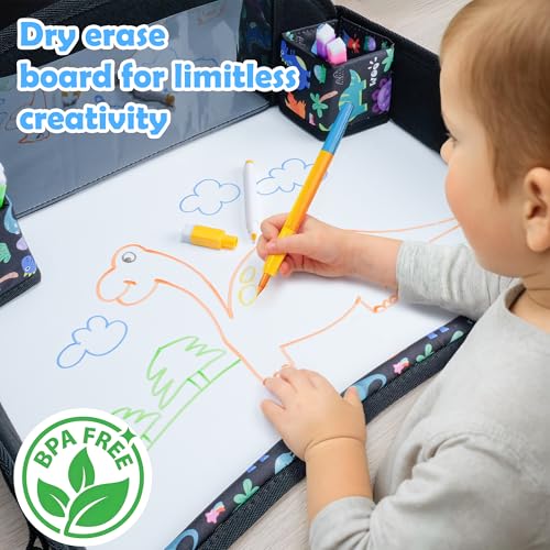 2Pcs Kids Travel Tray for Toddler Carseat, Road Trip Activities Essentials for Toddler, Kids Lap Desk Tray with Tablet Holder Stand ＆ Dry Erase Board (Dinosaur-2Pcs) - color: Dinosaur-2Pcs